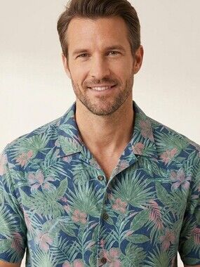 Tommy Bahama XXL Navy Floral & Green Leaf Short-Sleeve 100% Cotton Button-Up